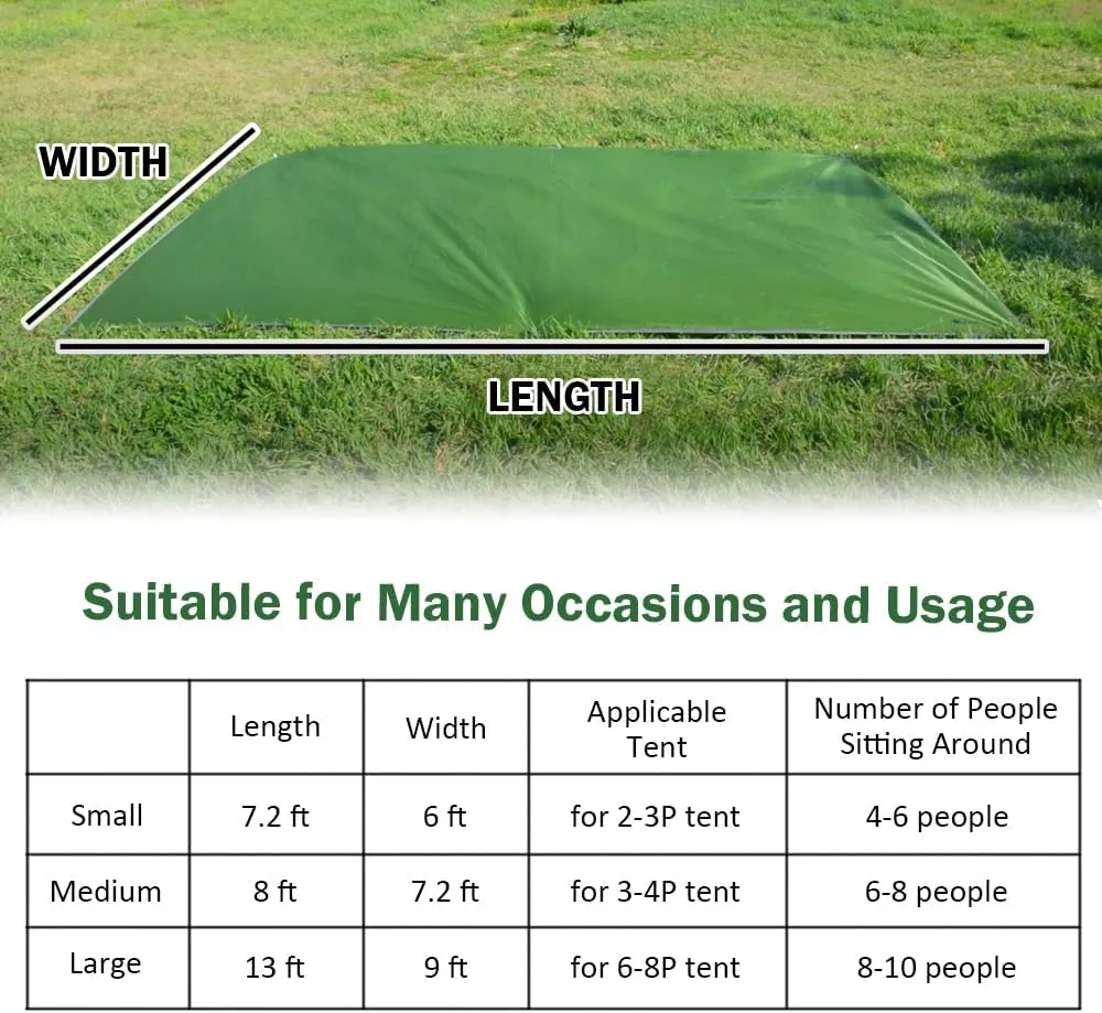 ayamaya Tent Footprint, PU 3000 Waterproof Tent Ground Cloth Large Size for 2-8 Person Family Camping Tents Ground Sheet Mat with 6 Tent Stakes for Camping Hiking Picnic - 13x9FT /8x7FT /6x7FT /5x7FT