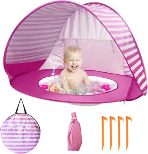 Baby Beach Tent with Pool, UPF 50  Beach Sun Shelter Outdoor Tent for Aged 36 Months Baby and Kids, Parks and Beach Shade Portable Mini Pool Pink
