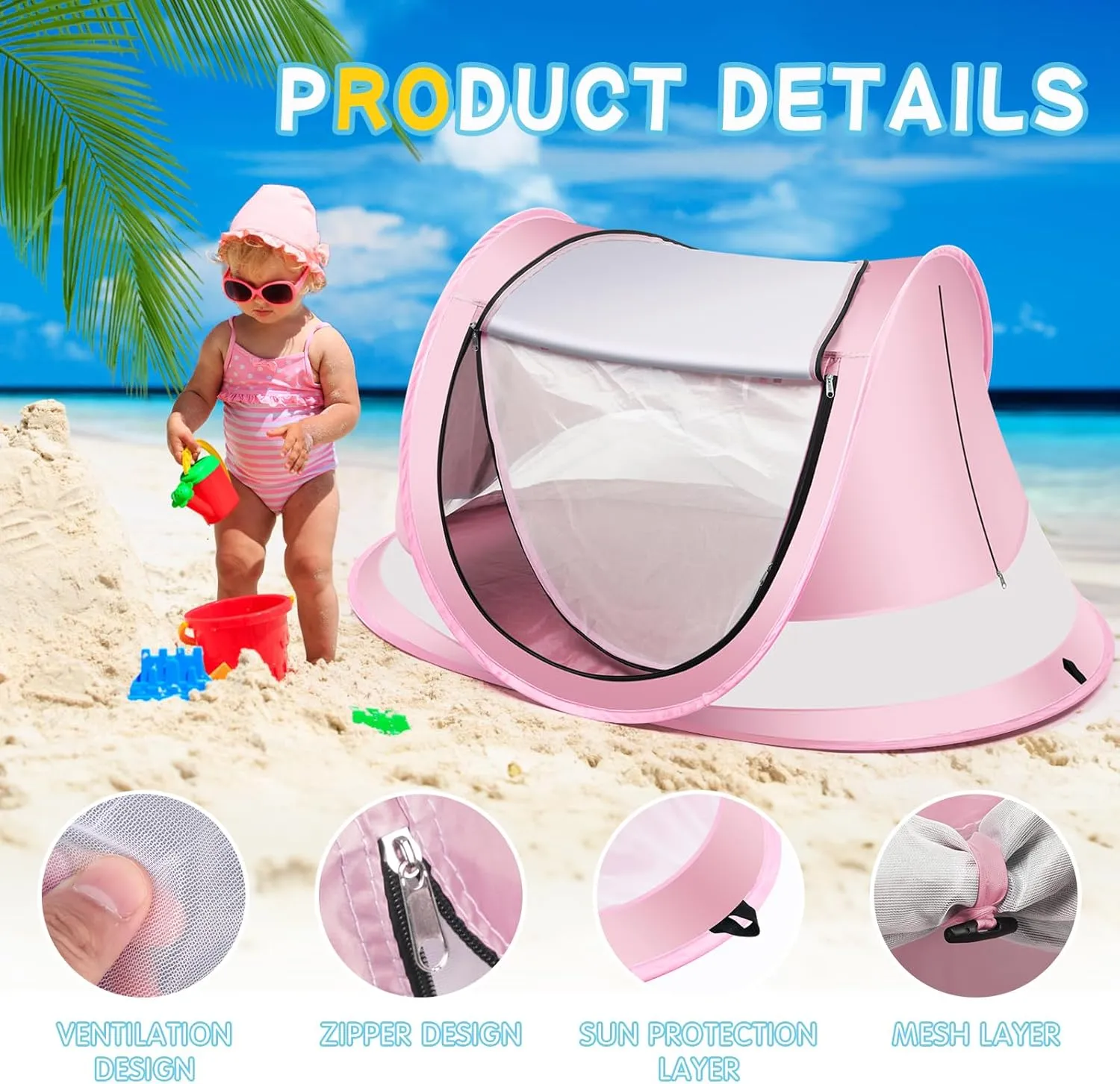 Baby Beach Tent,Large Pop Up Beach Tent Sun Shade for Beach,Portable Baby Travel Tent with Mosquito Net,Indoor Baby Play Tent,UPF 50  UV Protection Sun Shelters for Infants