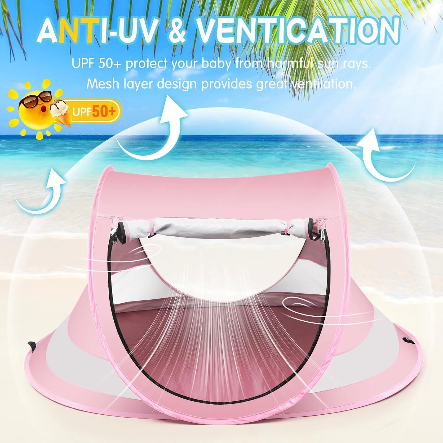 Baby Beach Tent,Large Pop Up Beach Tent Sun Shade for Beach,Portable Baby Travel Tent with Mosquito Net,Indoor Baby Play Tent,UPF 50  UV Protection Sun Shelters for Infants