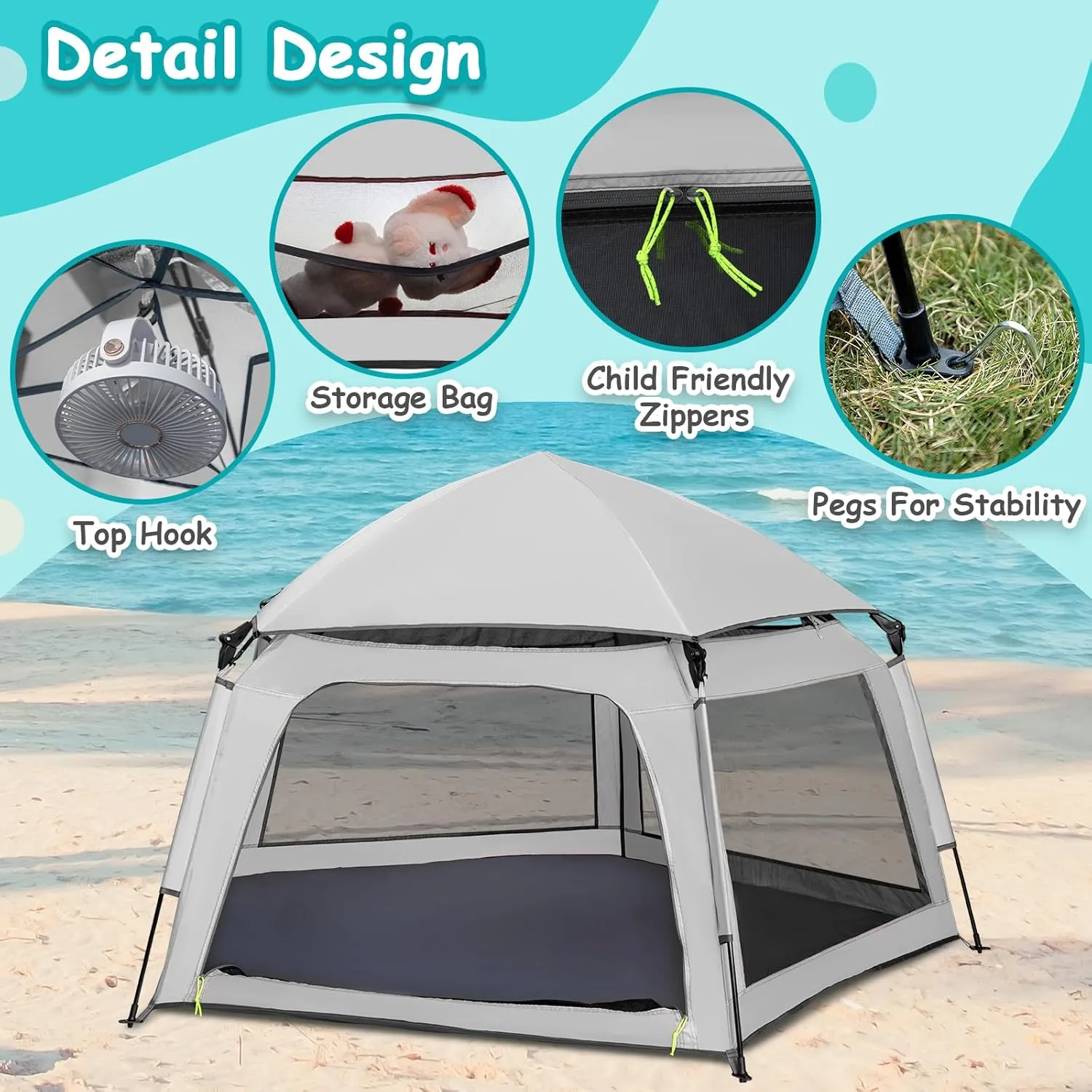 Baby Playpen Pop-up Tent - Outdoor & Indoor Play Tent for Beach with Canopy Travel Bag Portable Play Yard for Babies & Toddlers (Gray)