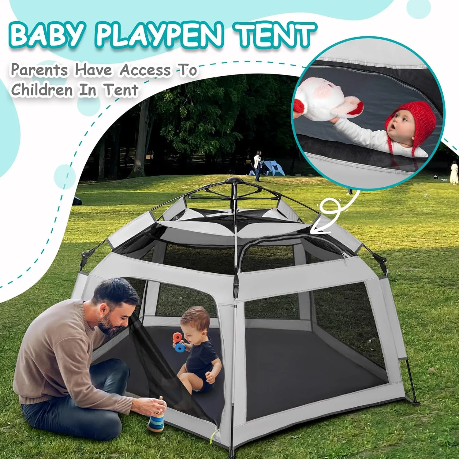Baby Playpen Pop-up Tent - Outdoor & Indoor Play Tent for Beach with Canopy Travel Bag Portable Play Yard for Babies & Toddlers (Gray)