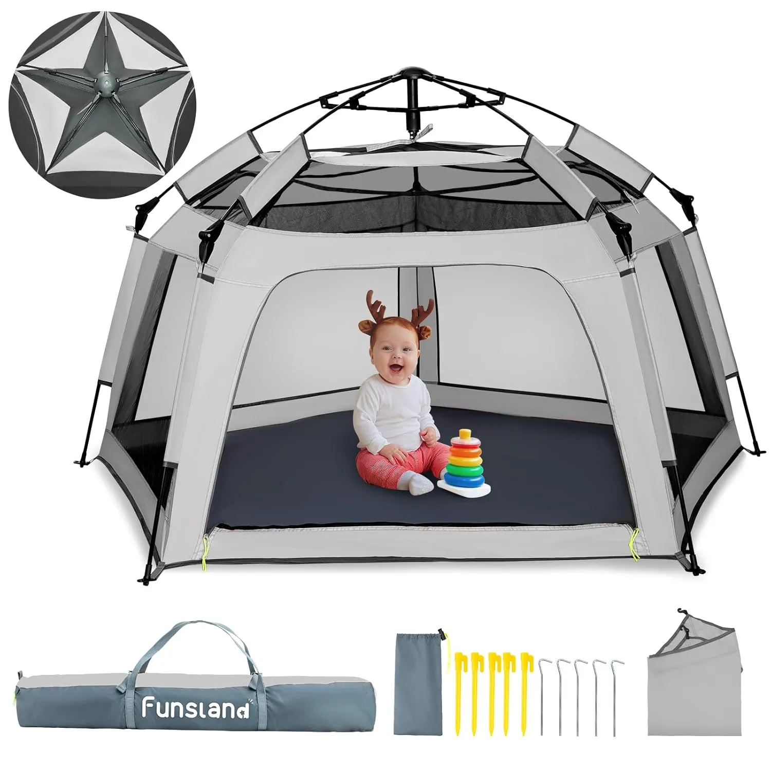 Baby Playpen Pop-up Tent - Outdoor & Indoor Play Tent for Beach with Canopy Travel Bag Portable Play Yard for Babies & Toddlers (Gray)