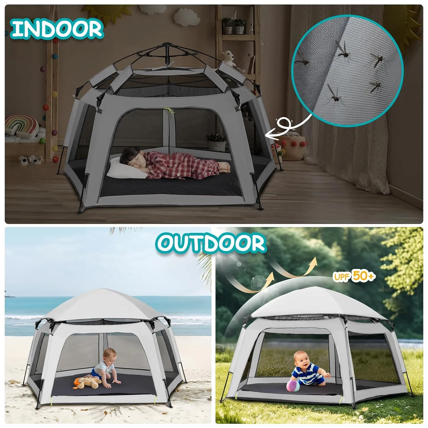 Baby Playpen Pop-up Tent - Outdoor & Indoor Play Tent for Beach with Canopy Travel Bag Portable Play Yard for Babies & Toddlers (Gray)