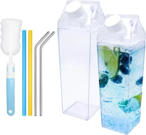 Bac-kitchen 2 Pack 17oz Milk Carton Water Bottle - Clear Square Milk Bottles BPA Free Portable Water Bottle with Straw and Bottle Brush for Outdoor Sports Travel Camping Activities