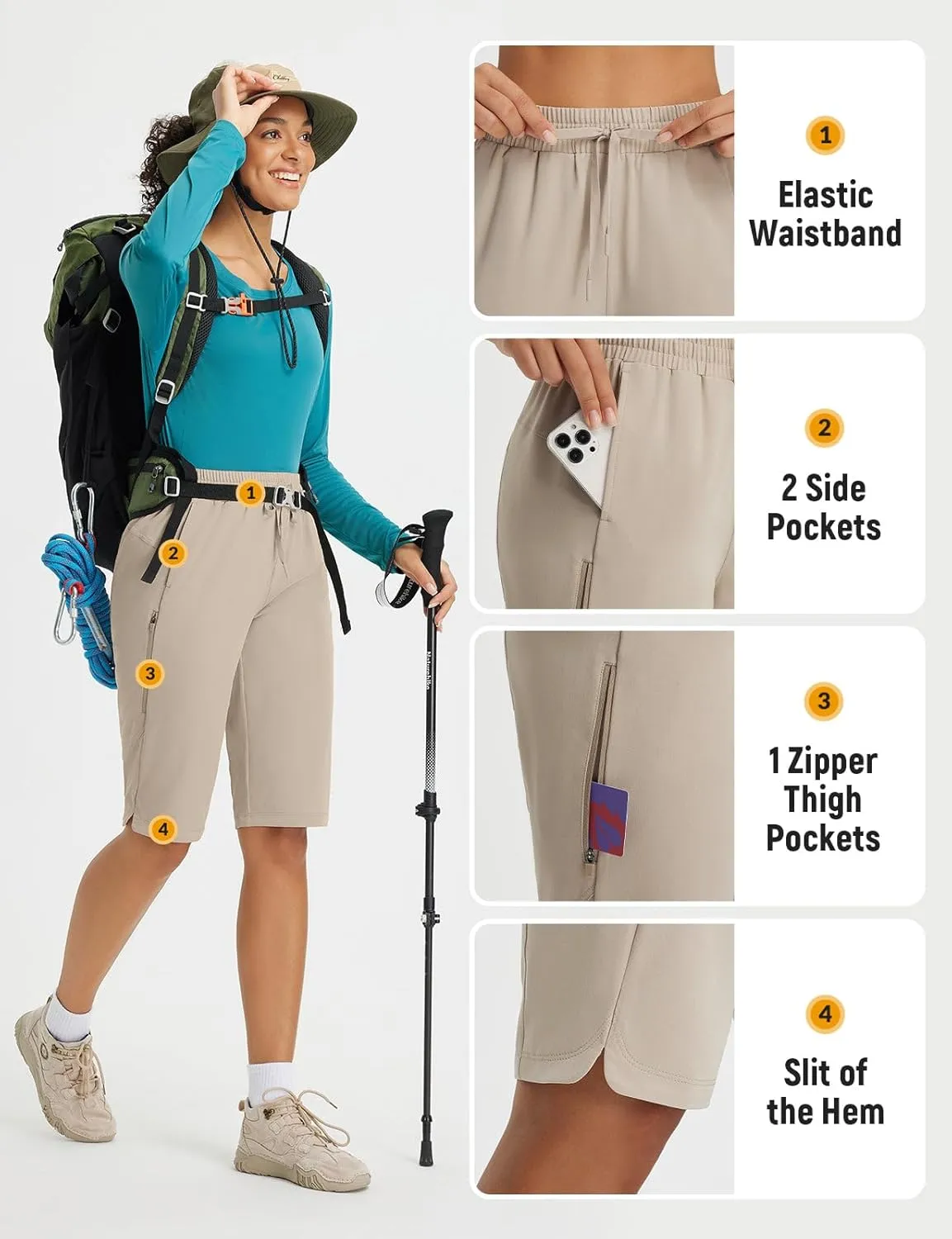 baleaf Women's 13'' Knee Length Hiking Shorts Quick Dry Water Resistant Lightweight Bermuda with Pockets