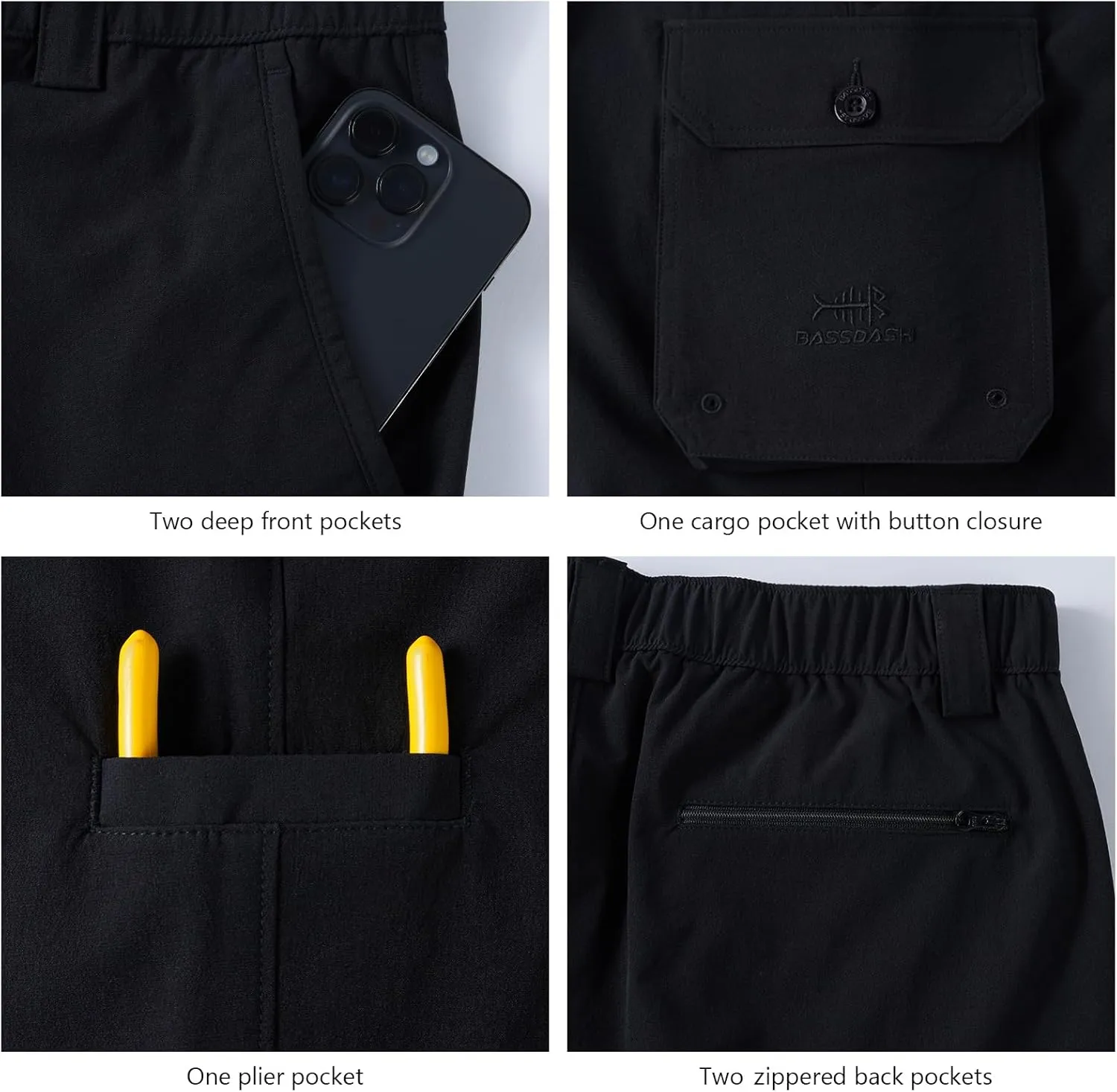 BASSDASH Men's Fishing Cargo Pants Water Resistant Quick Dry Lightweight UPF 50  for Outdoor Hiking Elastic Waist Pants FP05M