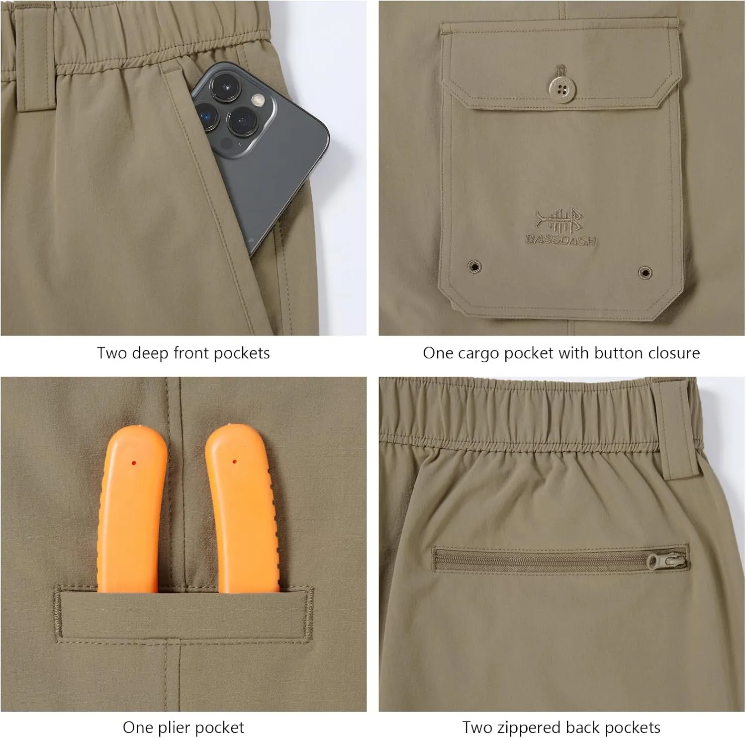 BASSDASH Men's Fishing Cargo Pants Water Resistant Quick Dry Lightweight UPF 50  for Outdoor Hiking Elastic Waist Pants FP05M