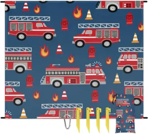 Beach Blanket, Fire Engines Sandproof Beach Mat, Waterproof Quick Drying Sand Free Mat with 4 x Ground Spikes for Outdoor Travel Camping Hiking, Cartoon Truck 68 x 59 in
