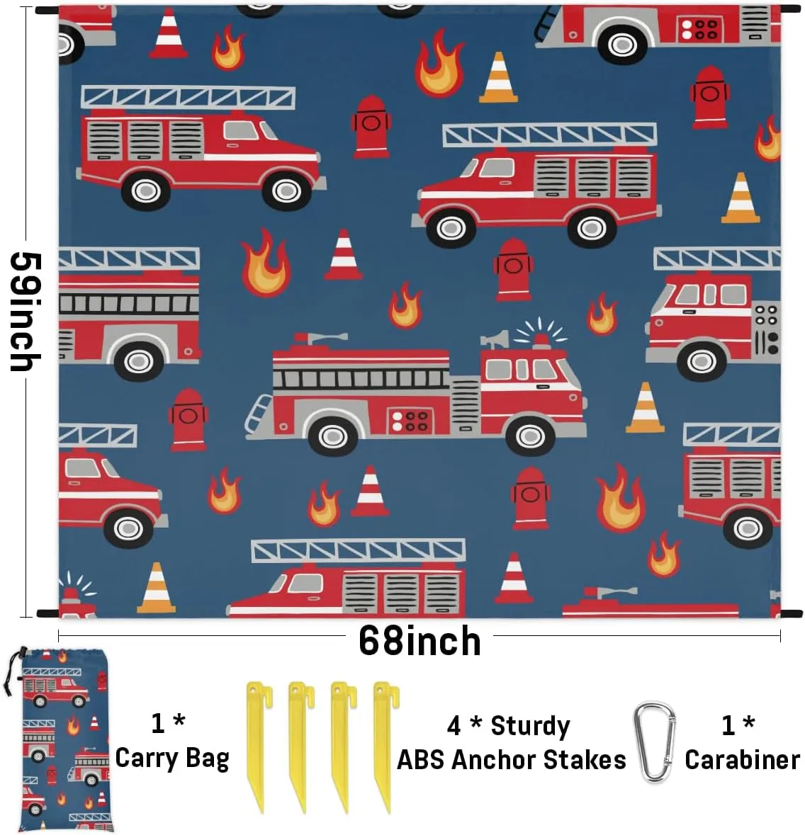 Beach Blanket, Fire Engines Sandproof Beach Mat, Waterproof Quick Drying Sand Free Mat with 4 x Ground Spikes for Outdoor Travel Camping Hiking, Cartoon Truck 68 x 59 in