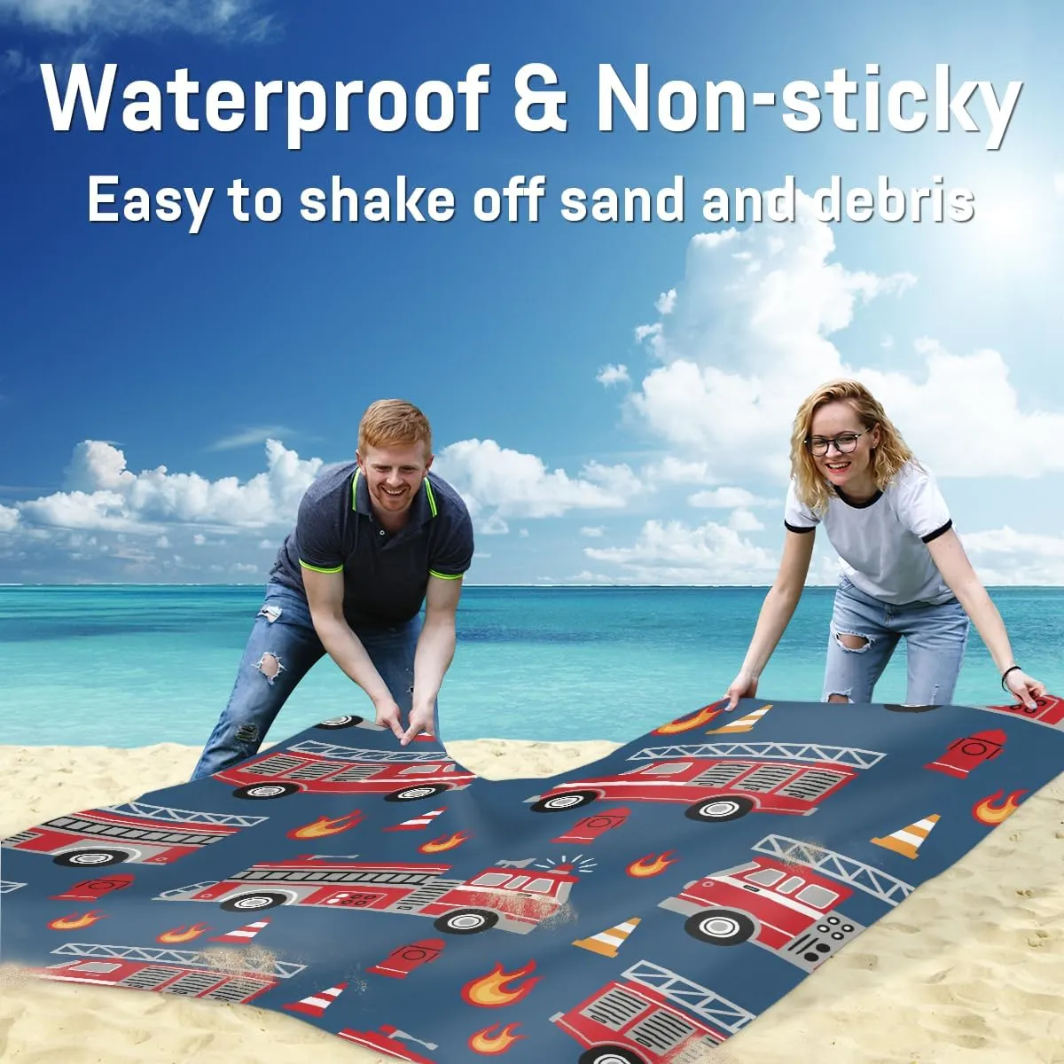 Beach Blanket, Fire Engines Sandproof Beach Mat, Waterproof Quick Drying Sand Free Mat with 4 x Ground Spikes for Outdoor Travel Camping Hiking, Cartoon Truck 68 x 59 in