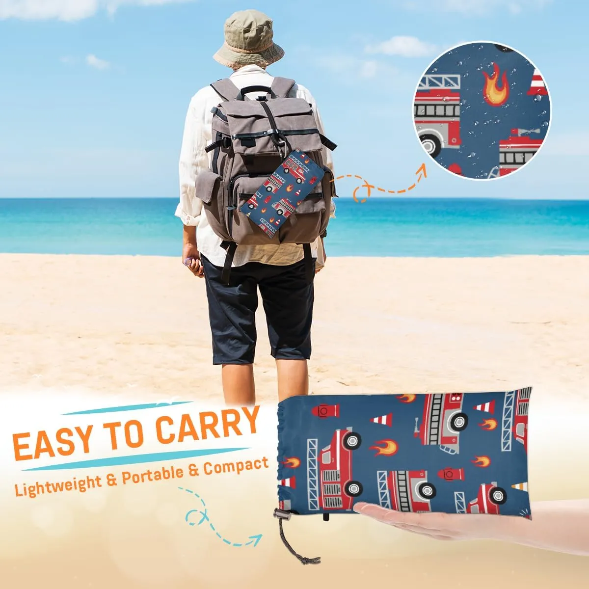 Beach Blanket, Fire Engines Sandproof Beach Mat, Waterproof Quick Drying Sand Free Mat with 4 x Ground Spikes for Outdoor Travel Camping Hiking, Cartoon Truck 68 x 59 in