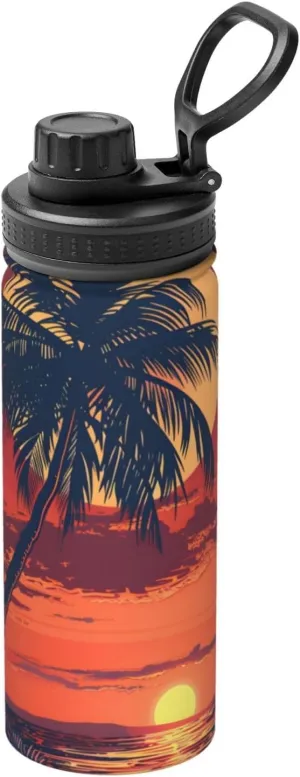 Beach Palm Tree Prints Sports Insulated Water Bottle 18oz Stainless Steel Metal Water Bottles with Handle and Spout Lid Reusable Leakproof Double Wall Water Flask for Men Women Travel Gym