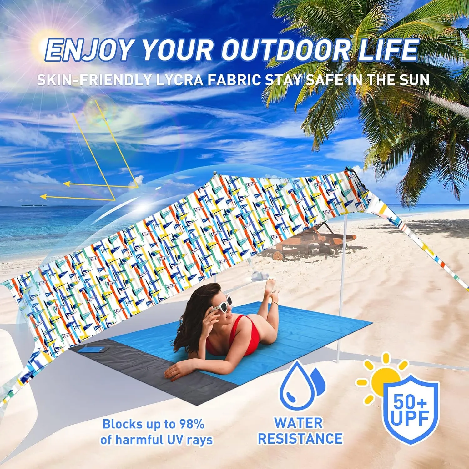 Beach Tent Pop Up Sun Shade Canopy Sun Shelter UPF50  with 4 Stability Poles/Carry Bag/Ground Pegs/Sand Shovel/Windproof Ropes Portable Outdoor Family Sunshade for Beach Camping Fishing Picnic