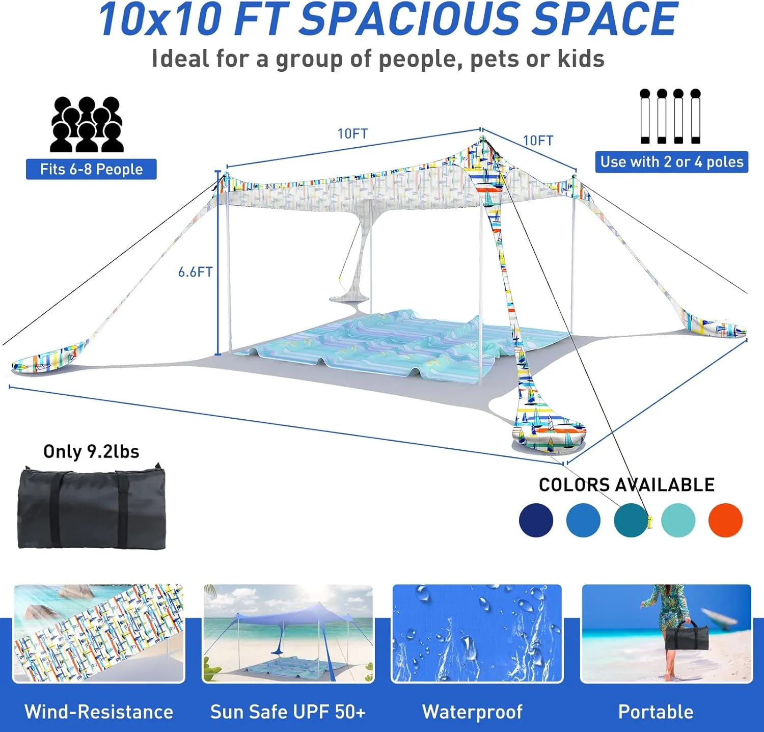 Beach Tent Pop Up Sun Shade Canopy Sun Shelter UPF50  with 4 Stability Poles/Carry Bag/Ground Pegs/Sand Shovel/Windproof Ropes Portable Outdoor Family Sunshade for Beach Camping Fishing Picnic