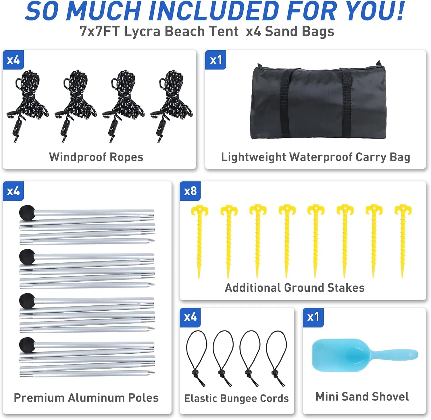 Beach Tent Pop Up Sun Shade Canopy Sun Shelter UPF50  with 4 Stability Poles/Carry Bag/Ground Pegs/Sand Shovel/Windproof Ropes Portable Outdoor Family Sunshade for Beach Camping Fishing Picnic