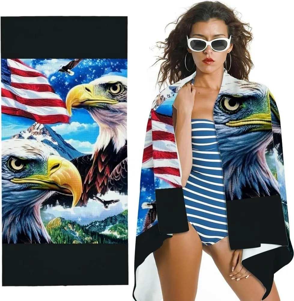 Beach Towel for Women - Bald Eagles, American Flag, Mountain Range Print - Machine Washable for Beach, Yoga, Camping, Hiking 30x60in