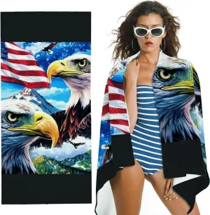 Beach Towel for Women - Bald Eagles, American Flag, Mountain Range Print - Machine Washable for Beach, Yoga, Camping, Hiking 30x60in