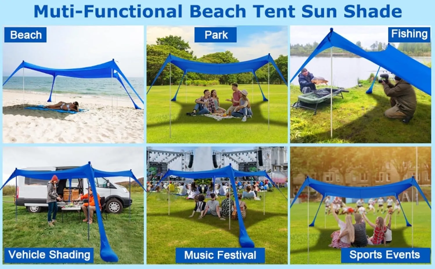 Beach Vacation Essentials Beach Tent, Durable and Spacious Outdoor pop up Awning for Camping, Fishing and Backyard Entertaining (Blue,Aluminum Rod)