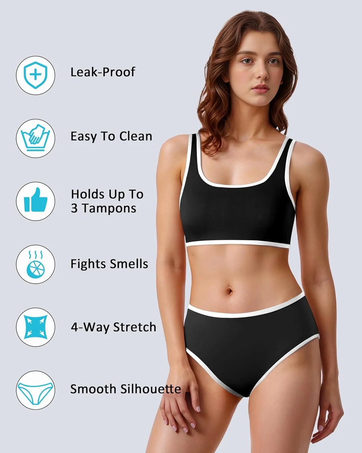 Beautikini Period Swimwear Sporty Two Piece Menstrual Swimsuits Leakproof Bikini Set Bathing Suits for Teen Girls Women