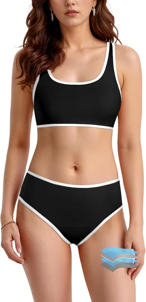 Beautikini Period Swimwear Sporty Two Piece Menstrual Swimsuits Leakproof Bikini Set Bathing Suits for Teen Girls Women