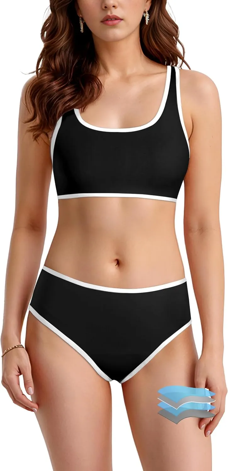 Beautikini Period Swimwear Sporty Two Piece Menstrual Swimsuits Leakproof Bikini Set Bathing Suits for Teen Girls Women