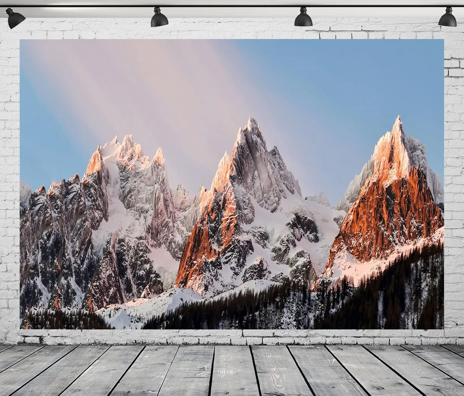 BELECO 15x8ft Fabric Winter Snow-Covered Mountains Photography Backdrop Three Mountain Peaks Alpine Scenery Pine Forest Background Outdoor Adventure Hiking Climing Travel Portrait Photo Props