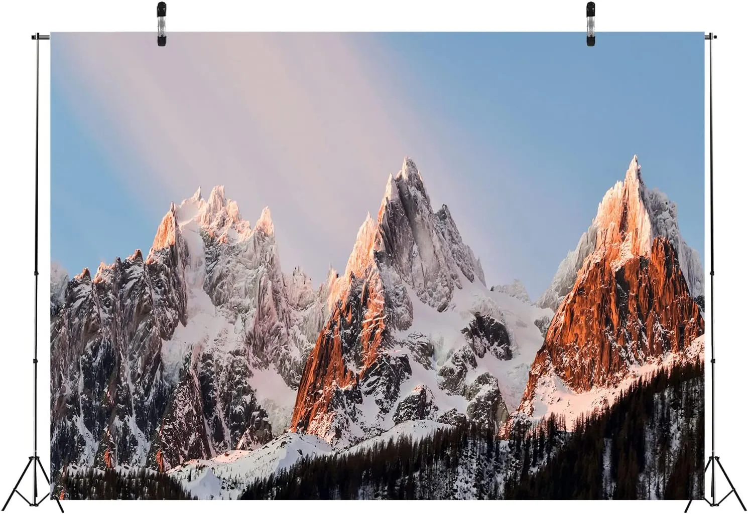 BELECO 15x8ft Fabric Winter Snow-Covered Mountains Photography Backdrop Three Mountain Peaks Alpine Scenery Pine Forest Background Outdoor Adventure Hiking Climing Travel Portrait Photo Props