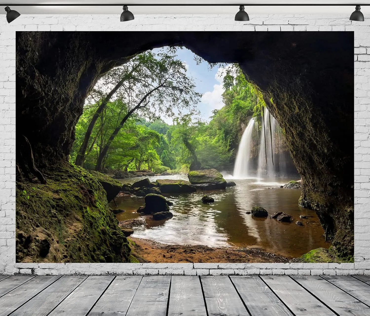 BELECO 9x6ft Fabric Mountain Cave Photography Backdrop Waterfall and Lake Green Forest Nature Falls Background Wallpaper Home Decor Outdoor Travel Adventure Hiking Camping Portrait Photoshoot Props