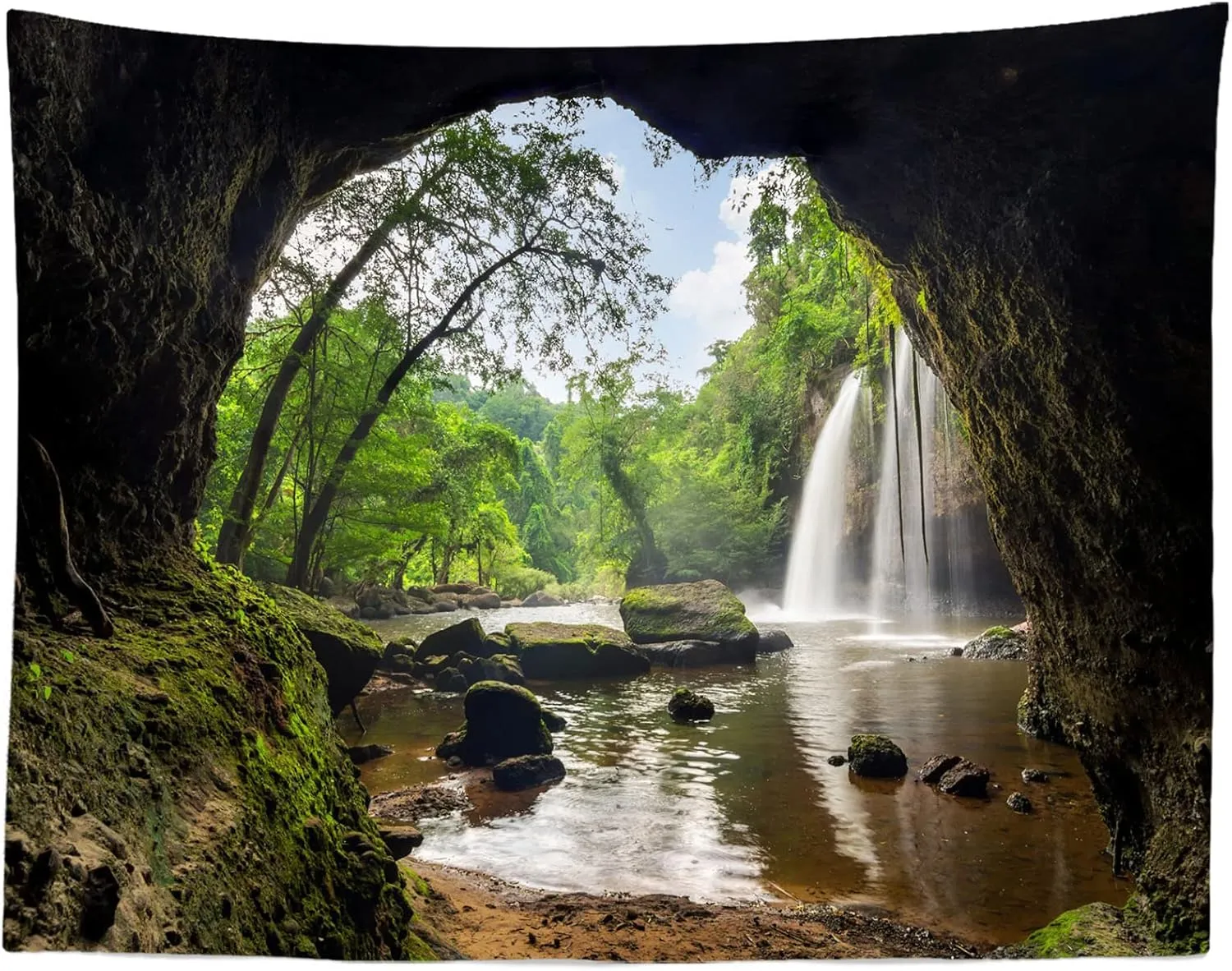 BELECO 9x6ft Fabric Mountain Cave Photography Backdrop Waterfall and Lake Green Forest Nature Falls Background Wallpaper Home Decor Outdoor Travel Adventure Hiking Camping Portrait Photoshoot Props