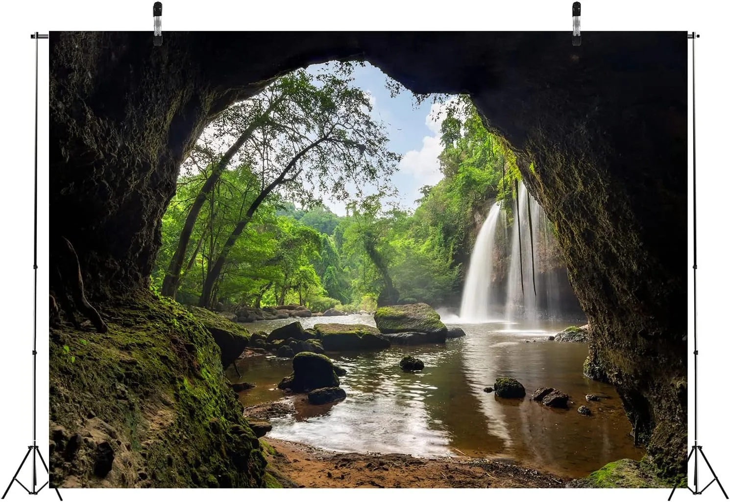 BELECO 9x6ft Fabric Mountain Cave Photography Backdrop Waterfall and Lake Green Forest Nature Falls Background Wallpaper Home Decor Outdoor Travel Adventure Hiking Camping Portrait Photoshoot Props