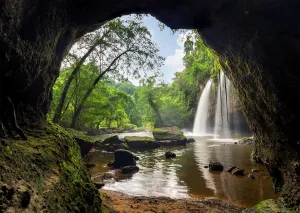 BELECO 9x6ft Fabric Mountain Cave Photography Backdrop Waterfall and Lake Green Forest Nature Falls Background Wallpaper Home Decor Outdoor Travel Adventure Hiking Camping Portrait Photoshoot Props