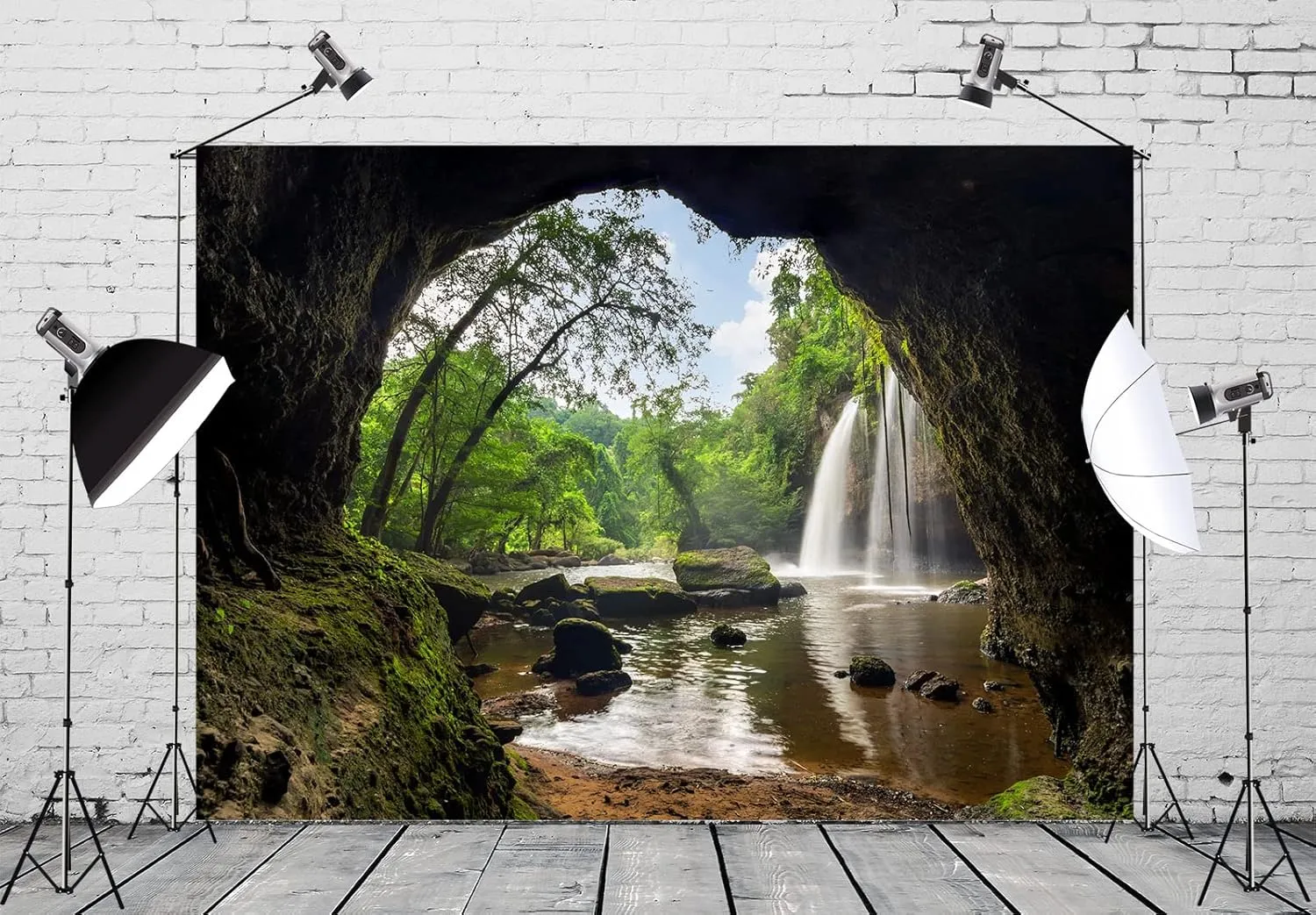 BELECO 9x6ft Fabric Mountain Cave Photography Backdrop Waterfall and Lake Green Forest Nature Falls Background Wallpaper Home Decor Outdoor Travel Adventure Hiking Camping Portrait Photoshoot Props