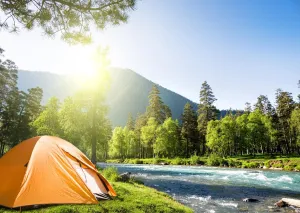 BELECO 9x6ft Fabric Mountain Forest Camping Backdrop Sunshine Outdoor Travel Hiking Mountains Pine Trees River Landscape Grassland Camp Tents Background Kids Birthday Party Decor Photo Shoot Props