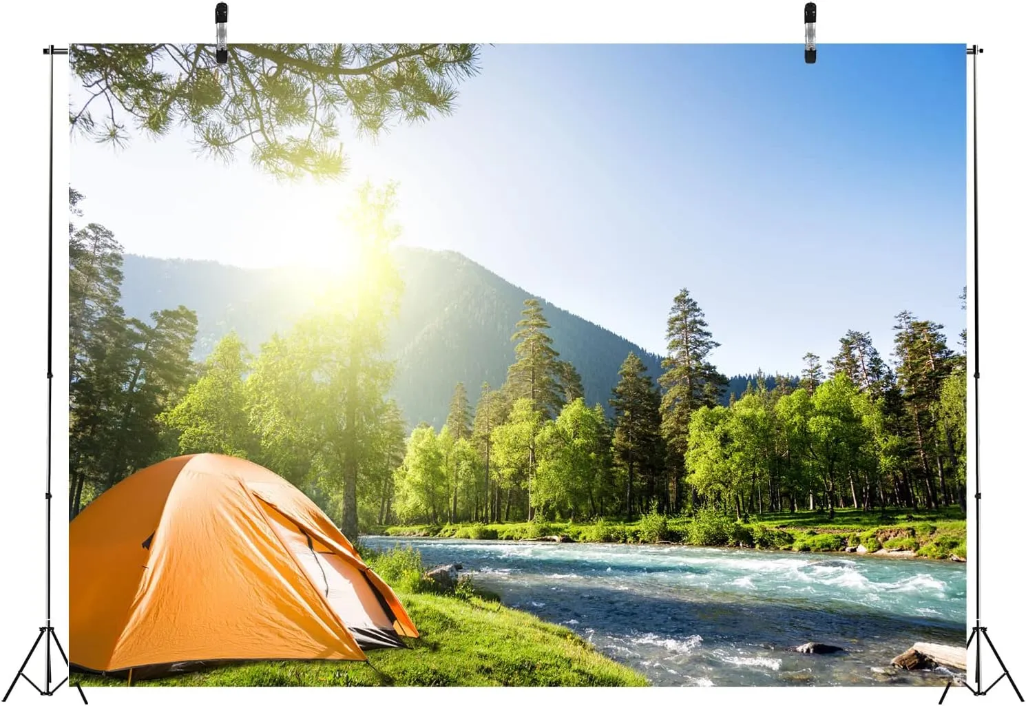 BELECO 9x6ft Fabric Mountain Forest Camping Backdrop Sunshine Outdoor Travel Hiking Mountains Pine Trees River Landscape Grassland Camp Tents Background Kids Birthday Party Decor Photo Shoot Props