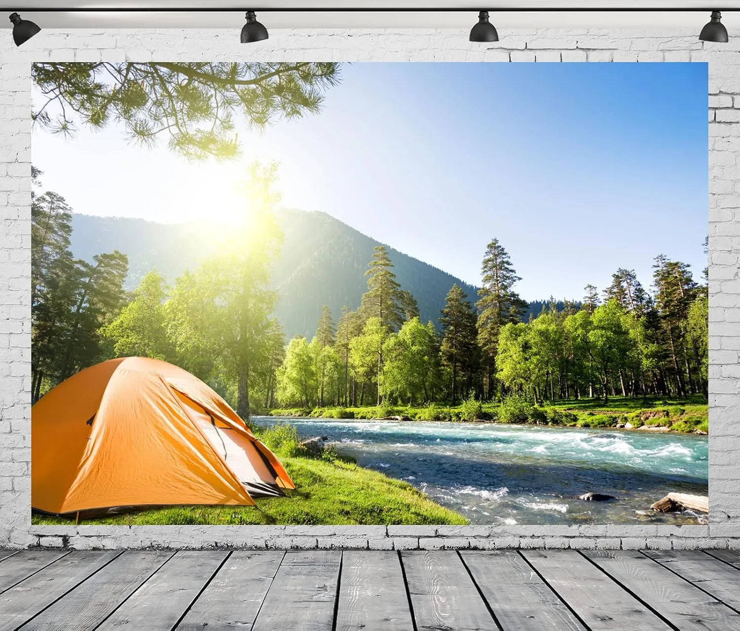 BELECO 9x6ft Fabric Mountain Forest Camping Backdrop Sunshine Outdoor Travel Hiking Mountains Pine Trees River Landscape Grassland Camp Tents Background Kids Birthday Party Decor Photo Shoot Props
