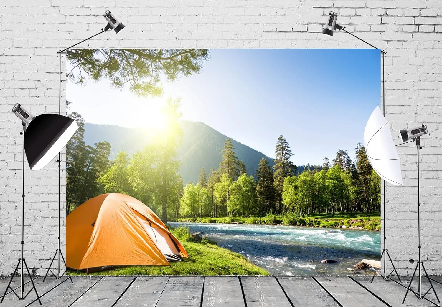 BELECO 9x6ft Fabric Mountain Forest Camping Backdrop Sunshine Outdoor Travel Hiking Mountains Pine Trees River Landscape Grassland Camp Tents Background Kids Birthday Party Decor Photo Shoot Props