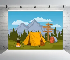 BELECO Cartoon Camping Backdrop 10x6.5ft Fabric Forest and Mountain Scenery Outdoor Campfire Camper Tent Theme Birthday Party Backdrop Hiking Climbing Sign Guitar Backpacks Background Photo Props
