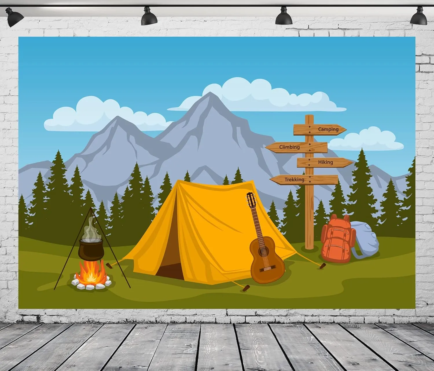 BELECO Cartoon Camping Backdrop 10x6.5ft Fabric Forest and Mountain Scenery Outdoor Campfire Camper Tent Theme Birthday Party Backdrop Hiking Climbing Sign Guitar Backpacks Background Photo Props