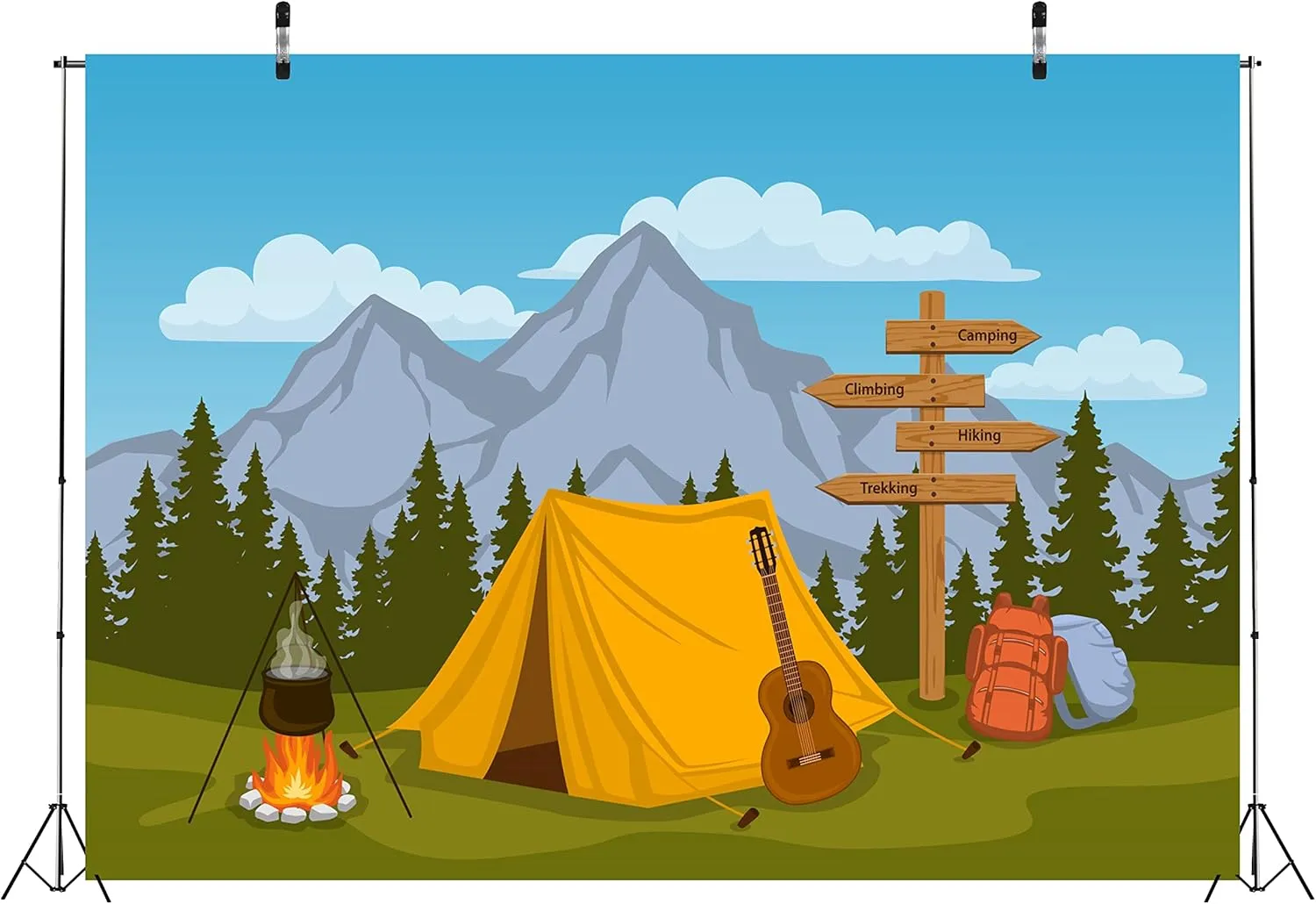 BELECO Cartoon Camping Backdrop 10x6.5ft Fabric Forest and Mountain Scenery Outdoor Campfire Camper Tent Theme Birthday Party Backdrop Hiking Climbing Sign Guitar Backpacks Background Photo Props