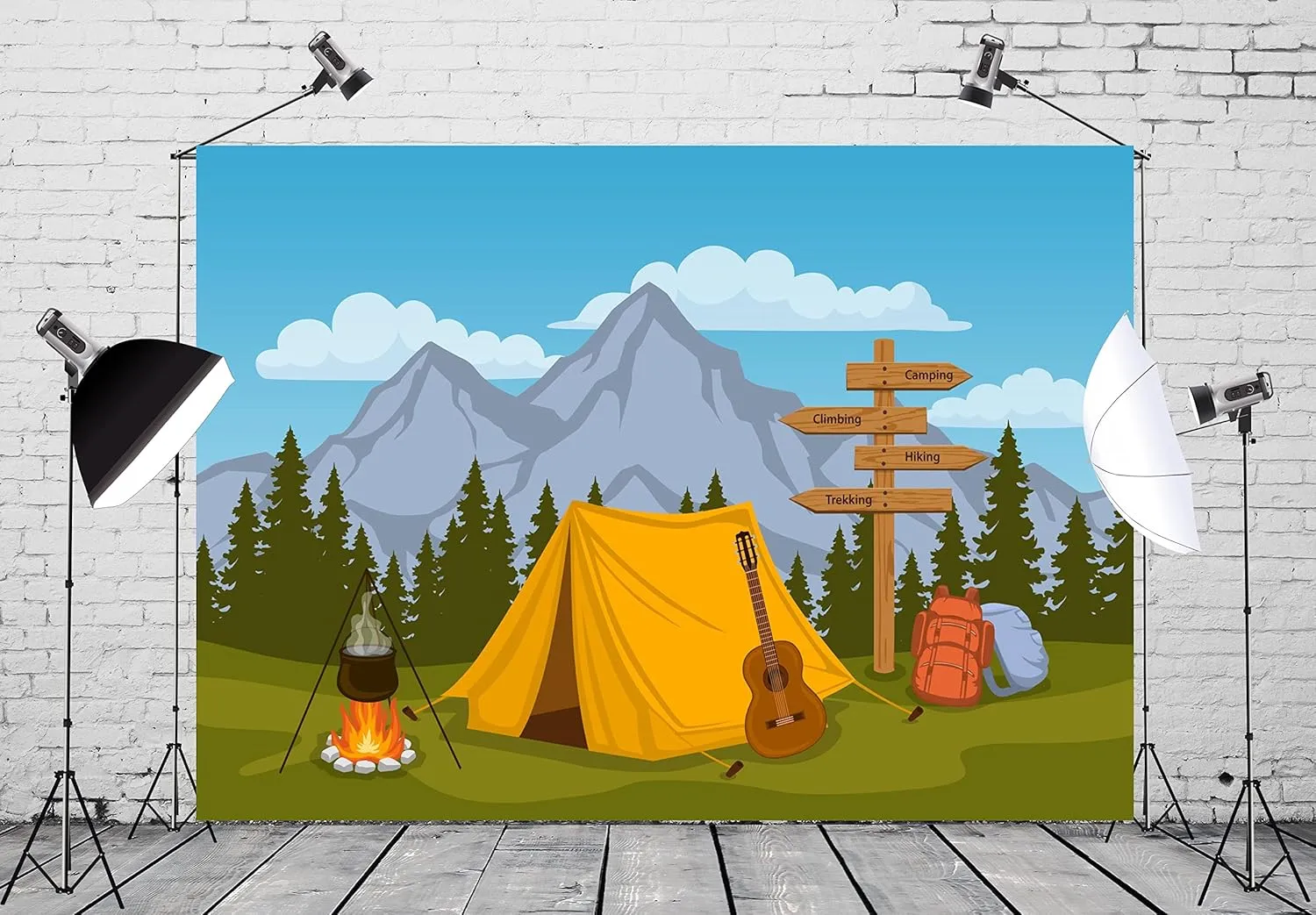 BELECO Cartoon Camping Backdrop 10x6.5ft Fabric Forest and Mountain Scenery Outdoor Campfire Camper Tent Theme Birthday Party Backdrop Hiking Climbing Sign Guitar Backpacks Background Photo Props