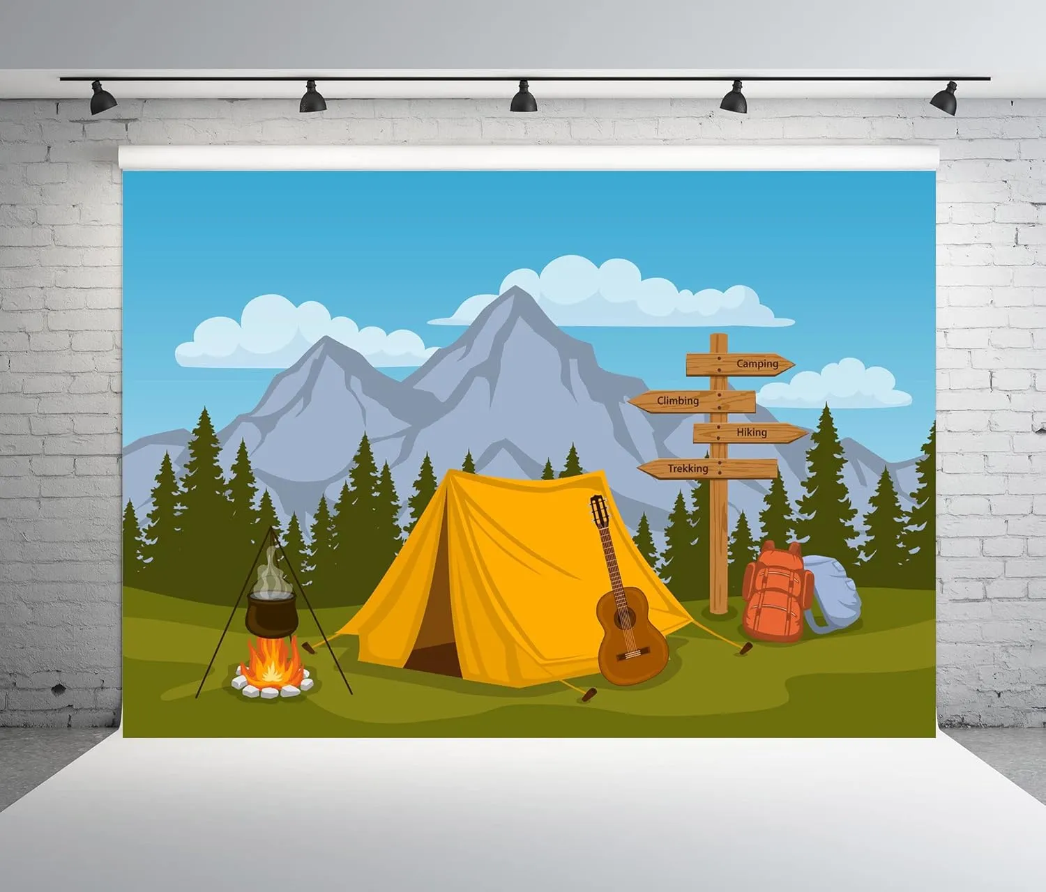 BELECO Cartoon Camping Backdrop 10x6.5ft Fabric Forest and Mountain Scenery Outdoor Campfire Camper Tent Theme Birthday Party Backdrop Hiking Climbing Sign Guitar Backpacks Background Photo Props