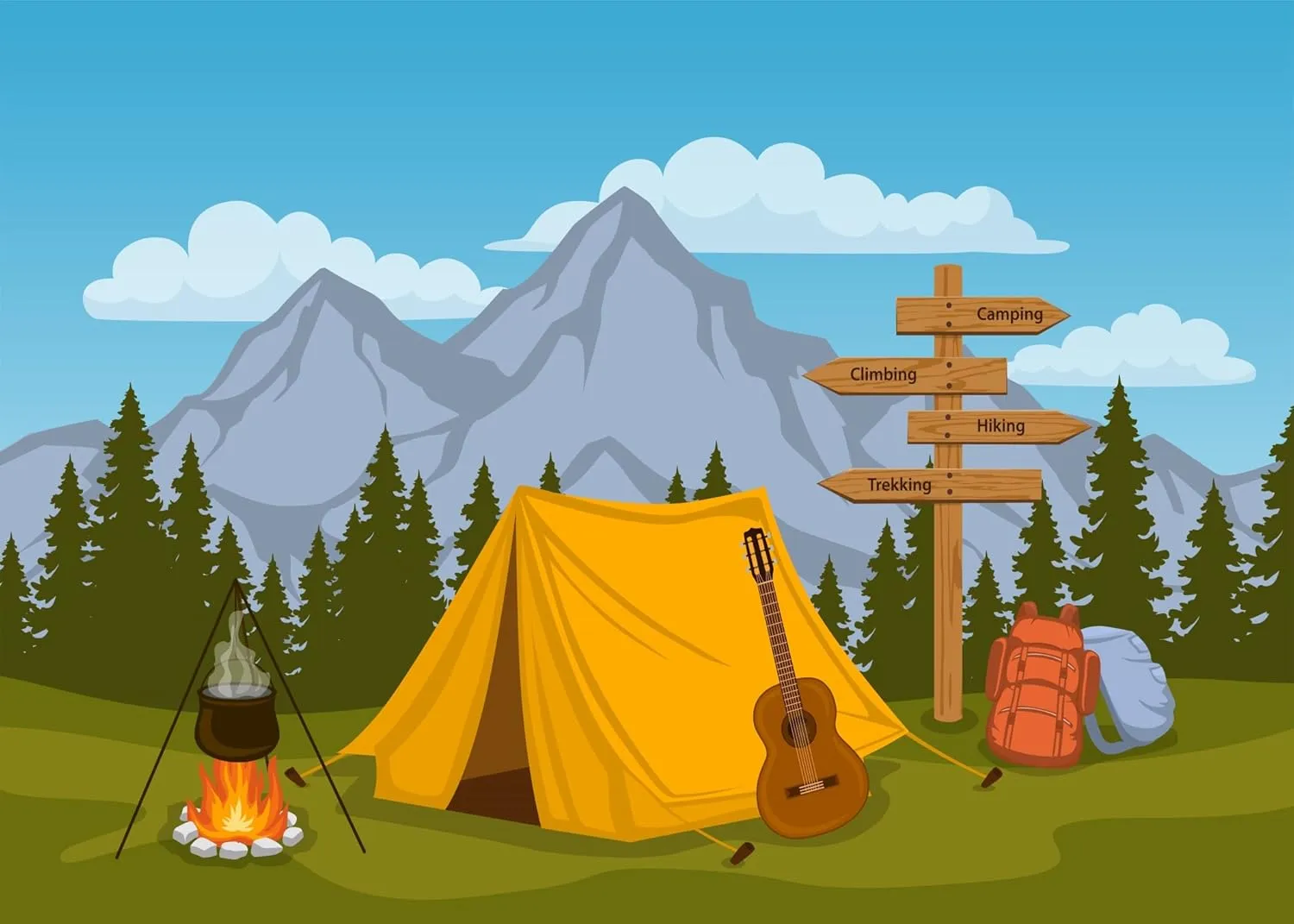BELECO Cartoon Camping Backdrop 12x10ft Fabric Forest and Mountain Scenery Outdoor Campfire Camper Tent Theme Birthday Party Backdrop Hiking Climbing Sign Guitar Backpacks Background Photo Props