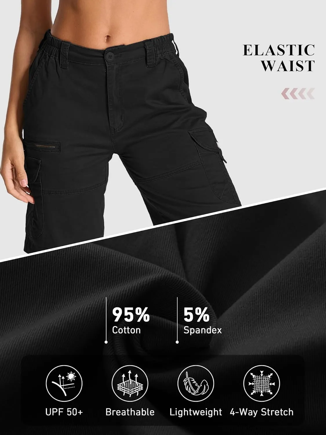 Bermuda Womens Cargo Shorts Lightweight Cotton Casual Hiking Shorts Multi-Pockets Elastic Waist