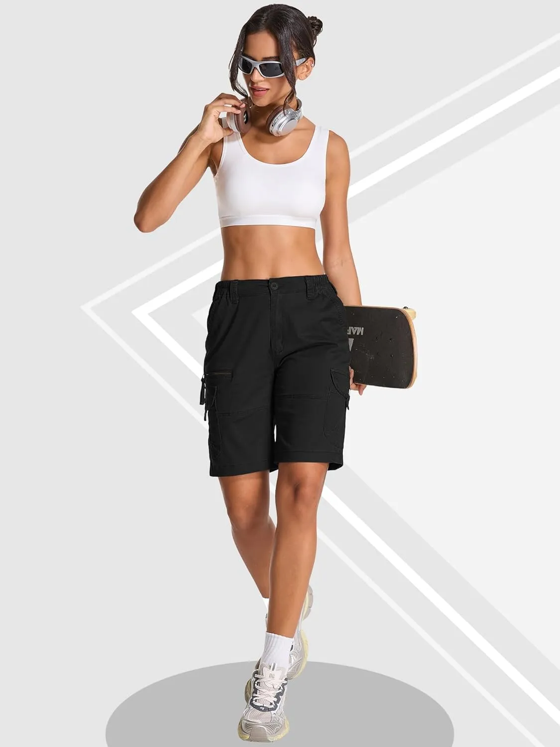 Bermuda Womens Cargo Shorts Lightweight Cotton Casual Hiking Shorts Multi-Pockets Elastic Waist