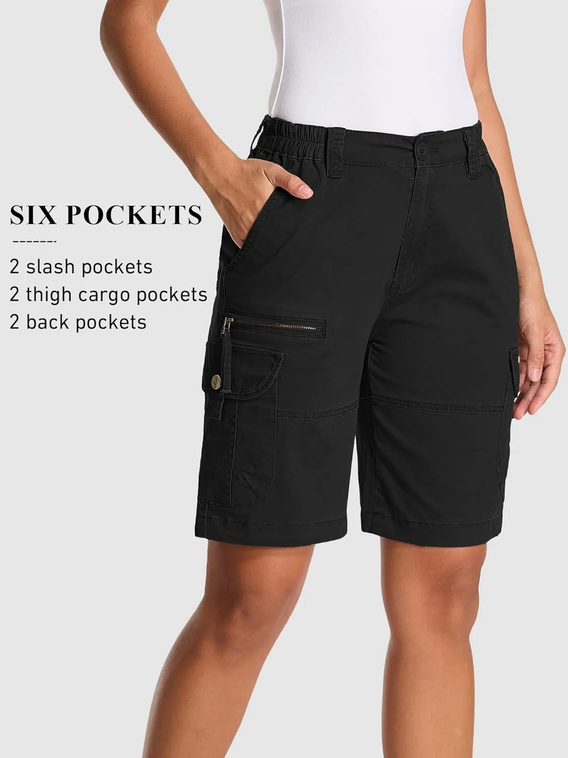 Bermuda Womens Cargo Shorts Lightweight Cotton Casual Hiking Shorts Multi-Pockets Elastic Waist
