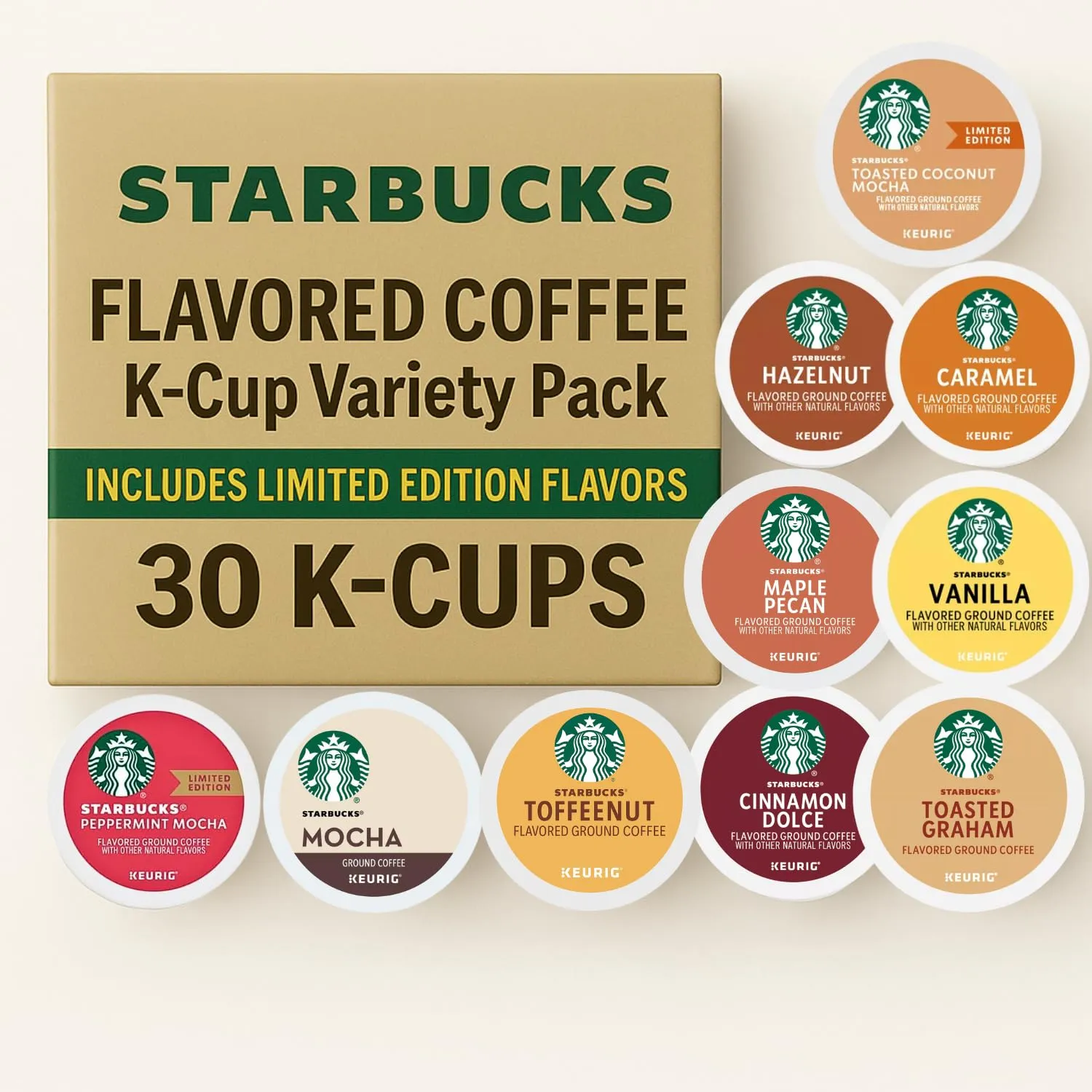 Best of Starbuck Flavored Coffee K-Cup Variety Pack - Vanilla, Hazelnut, Caramel, Mocha, Cinnamon, Pumpkin Spice, Toasted Graham, Maple Pecan, Peppermint Mocha, Smoked Butterscotch, 30 Count with Recipe eBook