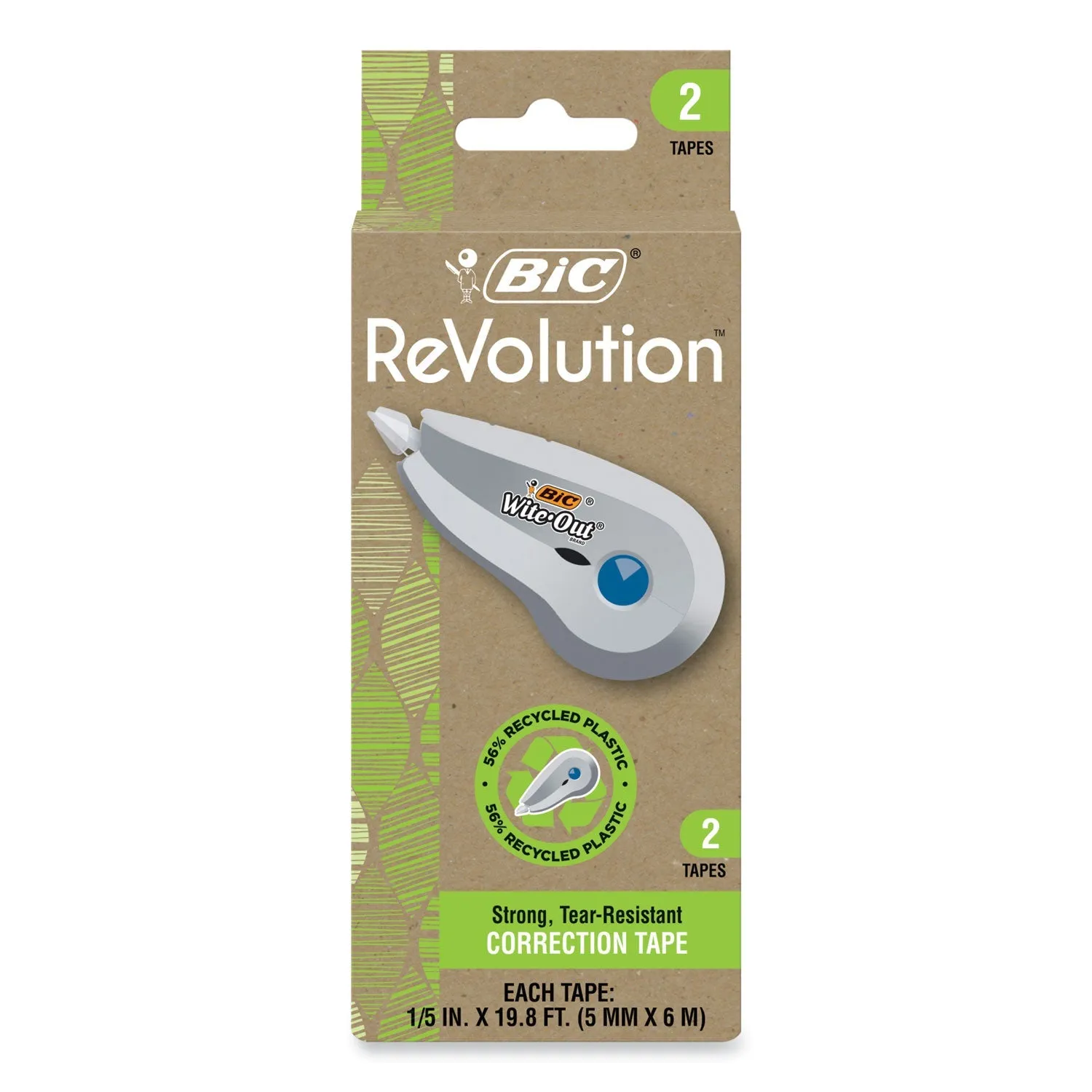 BIC® Wite-Out Brand Ecolutions Correction Tape, Non-Refillable, White,  0.2" x 19.8 ft, 2/Pack