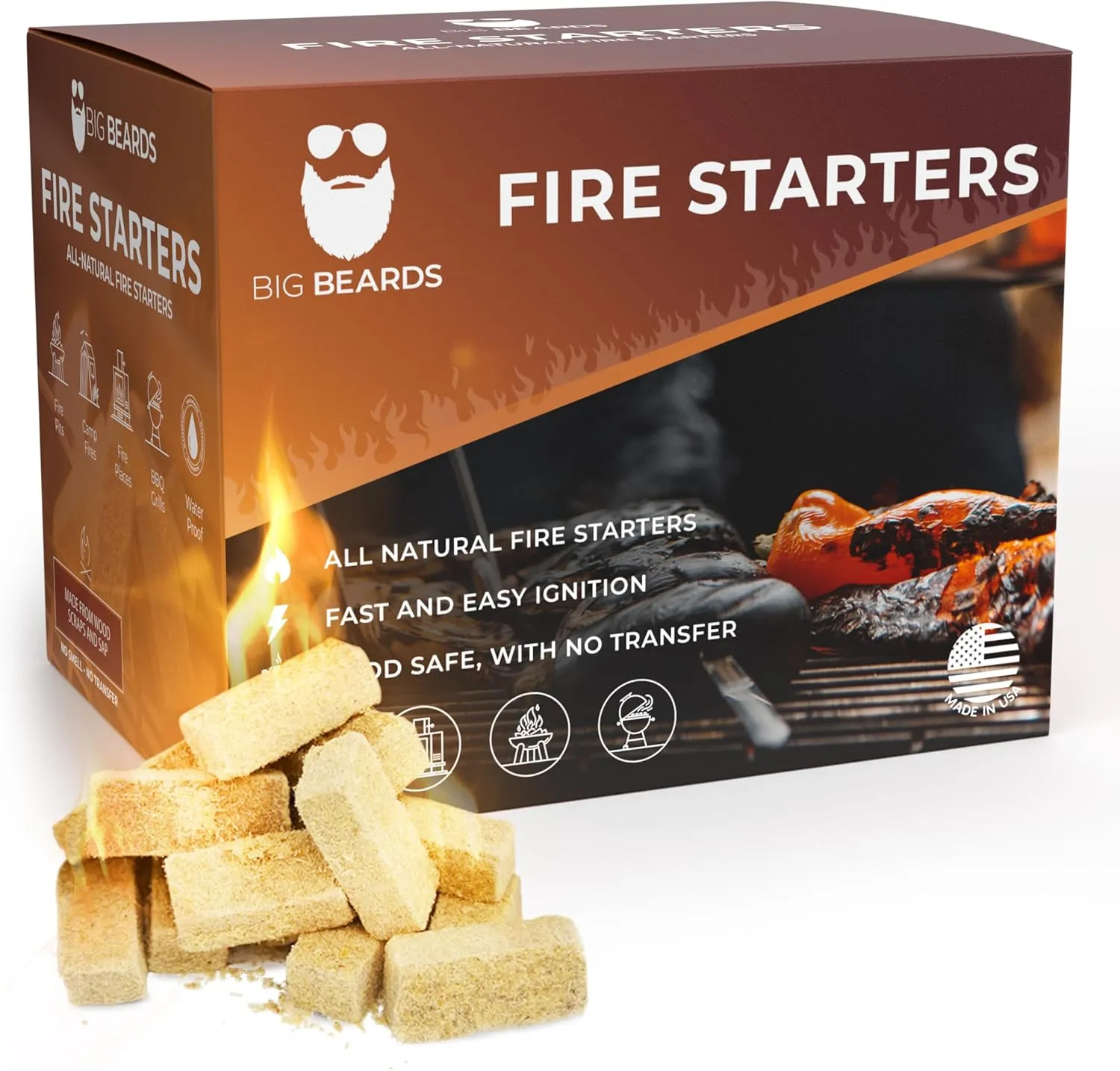 Big Beards Natural Wood Fire Starters, Waterproof and Odorless, for Campfires, Grills, BBQs, Fireplace, Chimney, Wood Stoves, Charcoal Starter, Pizza Ovens
