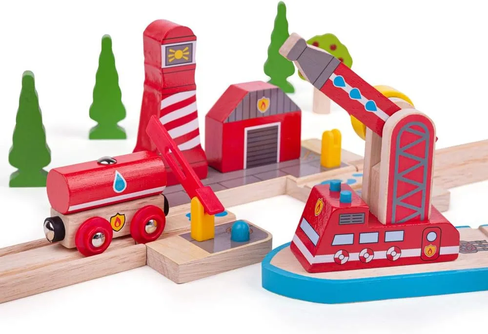 Bigjigs Rail Fire & Sea Rescue | Wooden Train Set Accessories | Emergency Services Toys | Expansion Pack for Wood Railway Track | Includes Crane, Barge & Water Tank Figures | Gifts for 3  Year Olds